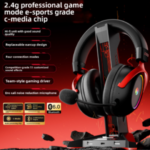 Wireless Gaming Headset - Features Black and red wireless gaming headset with microphone and feature overview