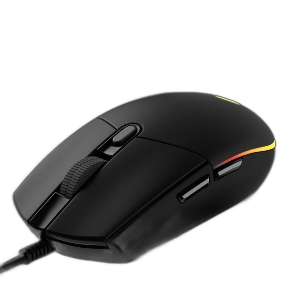 Black G102 RGB gaming mouse angled view with multicolor RGB lighting