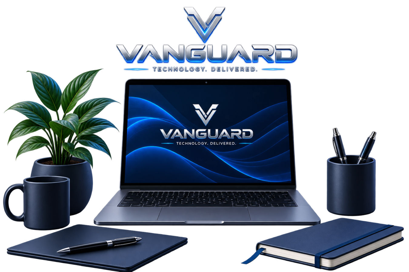 Vanguard branded laptop workspace with technology accessories